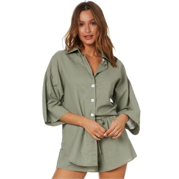 Charlie Holiday Harlow Oversized Shirt women's size‎ 6 khaki green linen blend - Picture 1 of 12